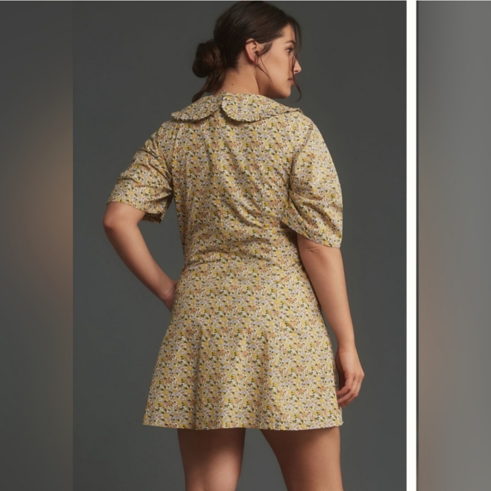 Anthropologie Yellow Lightweight Floral Cotton Collared Puff Sleeve Mini Dress - Picture 16 of 16